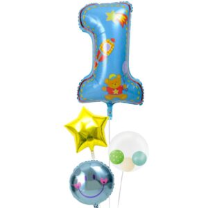 スターとぷちハート、ブルースマイル、大きなファーストバースデー【1才の誕生日のバルーン電報・男の子】
