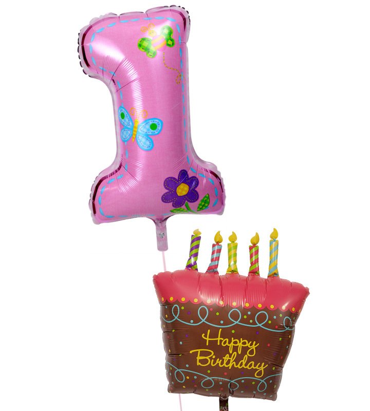 バースデーケーキと大きなファーストバースデー【1才の誕生日のバルーン電報・女の子】