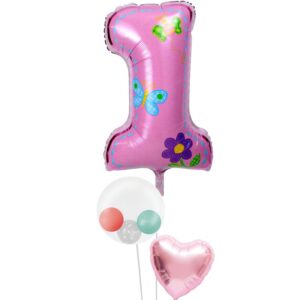 ハートとぷちハート＆スマイルと大きなファーストバースデー【1才の誕生日のバルーン電報・女の子】