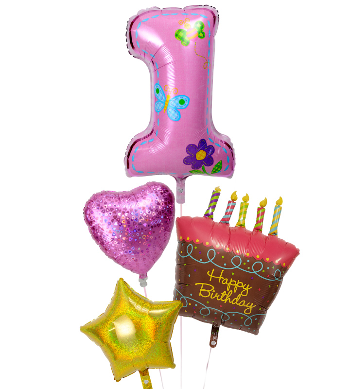 バースデーケーキとスター、ハート、大きなファーストバースデー【1才の誕生日のバルーン電報・女の子】