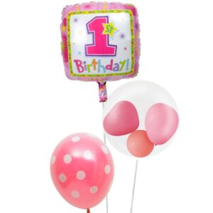 ぷちスマイルとピンクドットのファーストバースデー【1才の誕生日のバルーン電報・女の子】