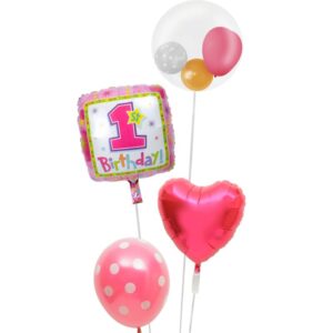 ぷちスマイルとピンクドットとピンクハートのファーストバースデー【1才の誕生日のバルーン電報・女の子】