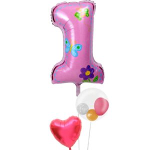 ピンクハートとぷちスマイルと大きなファーストバースデー【1才の誕生日のバルーン電報・女の子】