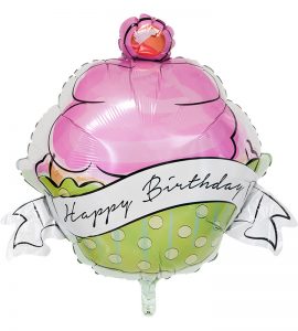カップケーキとレッドハート、ピンクドットのファーストバースデー【1才の誕生日のバルーン電報・女の子】