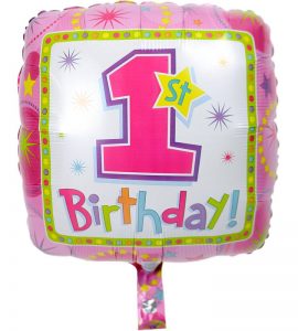 カップケーキとレッドハート、ピンクドットのファーストバースデー【1才の誕生日のバルーン電報・女の子】