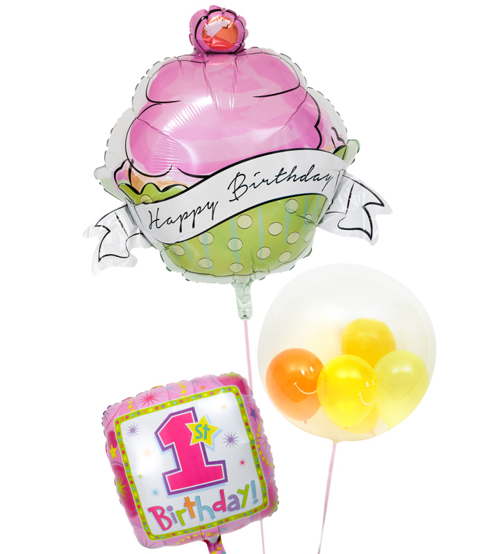 カップケーキとイエロー系プチバルーンのファーストバースデー【1才の誕生日のバルーン電報・女の子】