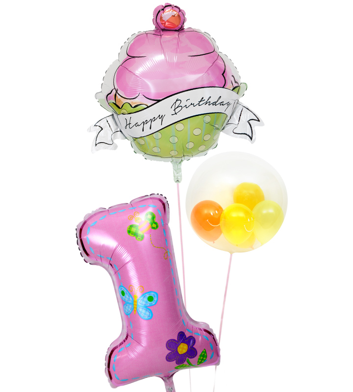 カップケーキとイエロー系プチバルーンと大きなファーストバースデー【1才の誕生日のバルーン電報・女の子】