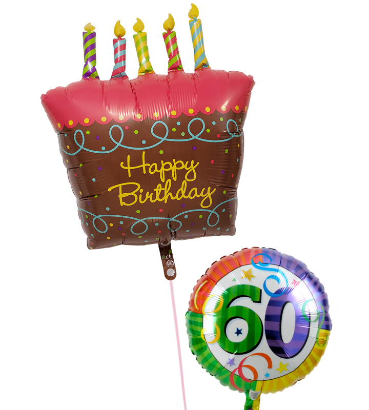 大きなバースデーケーキと60才バルーン【還暦祝いのバルーン電報】
