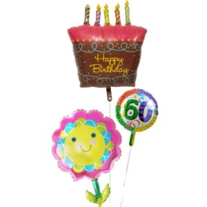 大きなバースデーケーキと60才バルーン、スマイルフラワー【還暦祝いのバルーン電報】