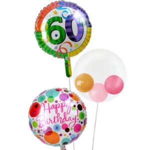 60才バルーンとぷちハート、華やかドット【還暦祝いのバルーン電報】
