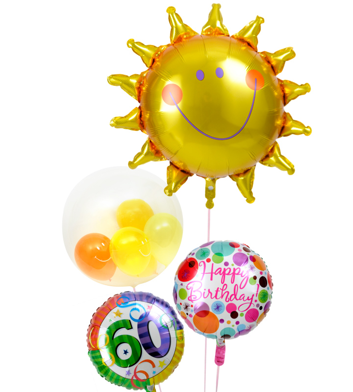 大きな太陽とぷちハート、華やかドット、60才バルーン【還暦祝いのバルーン電報】