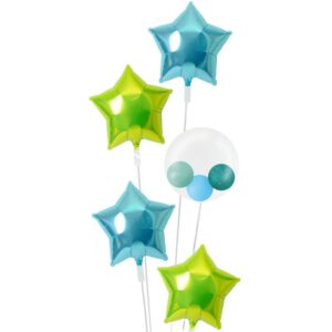 ライム&ブルースターとプチスマイルの5連ブーケ【お祝いやパーティーのバルーン電報・装飾】