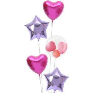 ピンクハートとパープルスターとプチピンクハートの5連ブーケ【お祝いやパーティーのバルーン電報・装飾】