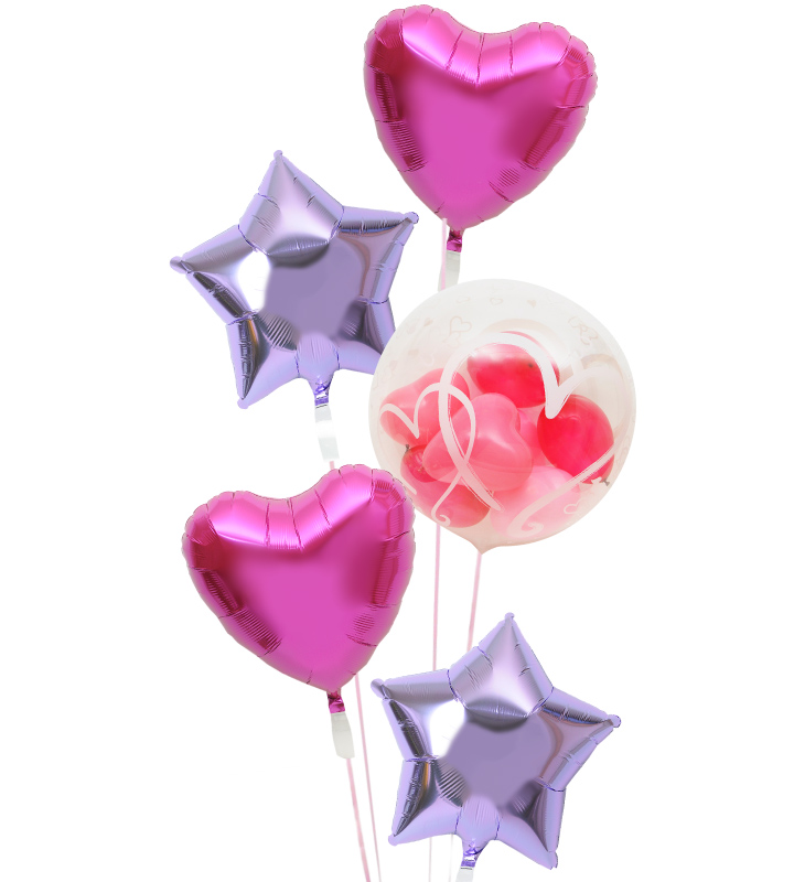 ピンクハートとパープルスターとプチピンクハートの5連ブーケ【お祝いやパーティーのバルーン電報・装飾】