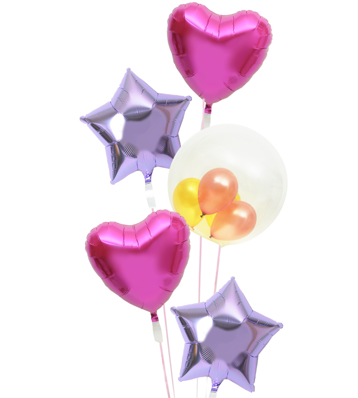ピンクハートとパープルスターと大人カラープチバルーンの5連ブーケ【お祝いやパーティーのバルーン電報・装飾】
