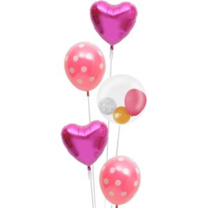 ピンクハートとピンクドットとプチハートの5連ブーケ【お祝いやパーティーのバルーン電報・装飾】