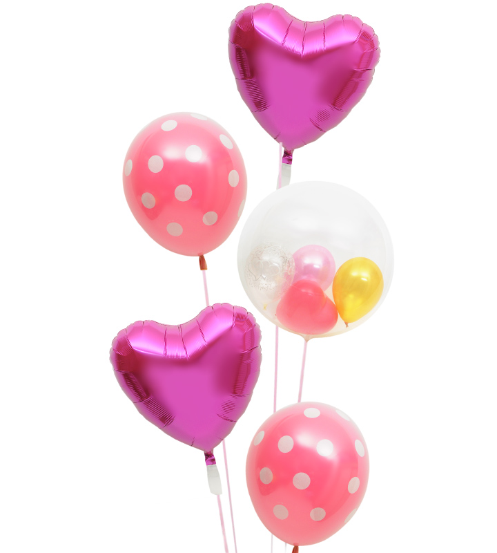ピンクハートとピンクドットとプチハートの5連ブーケ【お祝いやパーティーのバルーン電報・装飾】