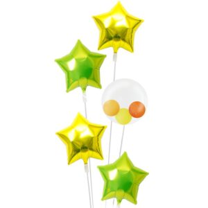 キラキラスターとライムスターとプチスマイルの5連ブーケ【お祝いやパーティーのバルーン電報・装飾】