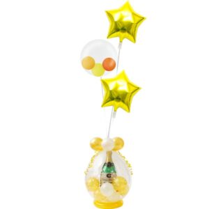 きらきらゴールドスターとゴールド＆ピンクのプチバルーンの3連ブーケの付いたシャンパンバルーンでお祝い！ラッピングバルーン【お祝いやパーティーのバルーン電報・装飾】