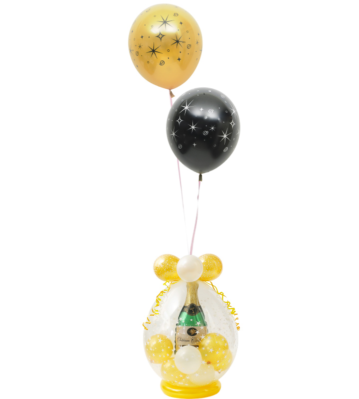 ゴールド＆ブラックの2連バルーンとシャンパンバルーンでお祝い！ラッピングバルーン【お祝いやパーティーのバルーン電報・装飾】
