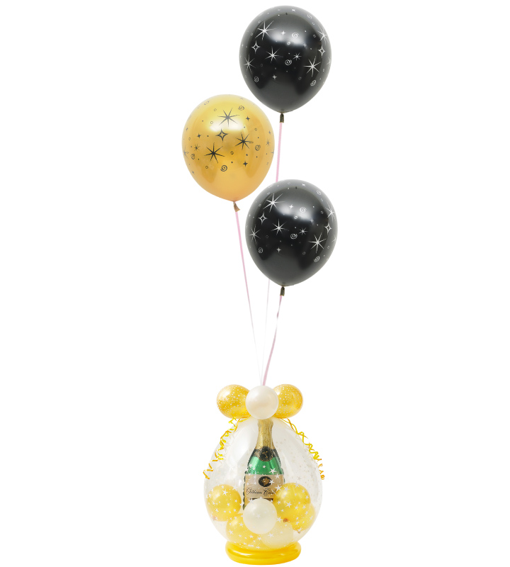 ゴールド＆ブラックの3連バルーンとシャンパンバルーンでお祝い！ラッピングバルーン【お祝いやパーティーのバルーン電報・装飾】