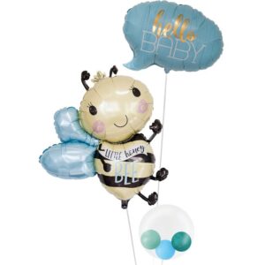 ハローベイビー（ブルー）とミツバチ、ぷちハート【出産祝いのバルーン電報 男の子】