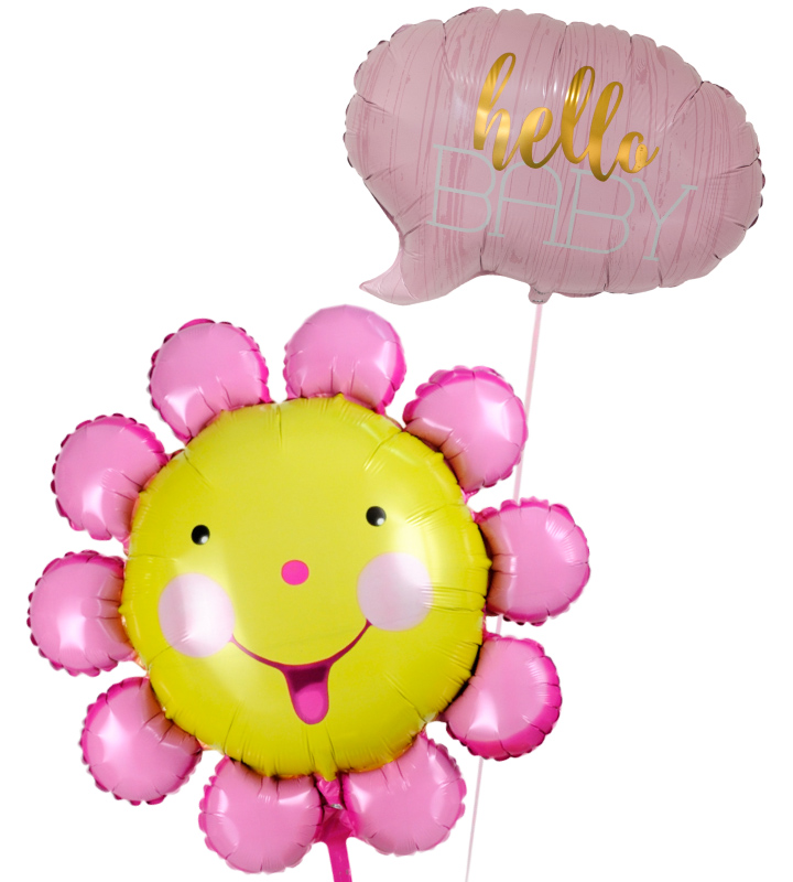 ハローベイビー（ピンク）とにこにこフラワー【出産祝いのバルーン電報 女の子】 | バルーン電報.com ユーバルーン