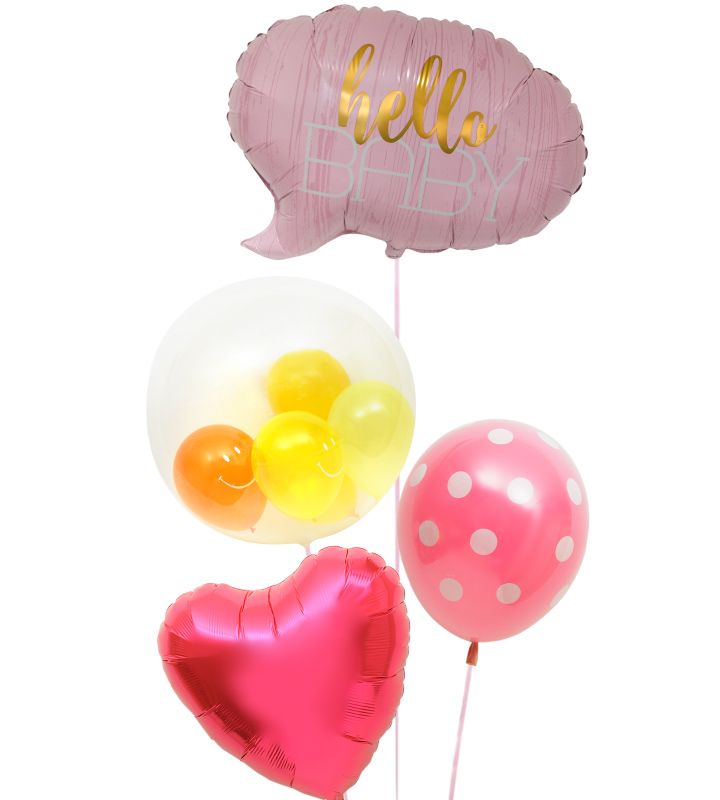 ハローベイビー（ピンク）とプチスマイルとピンクドットピンクハート【出産祝いのバルーン電報 女の子】