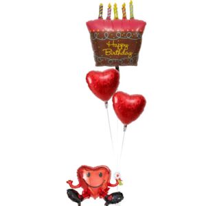 ハート君が持つキャンドル付きケーキとダブルハートバルーン【誕生日のバルーン電報】