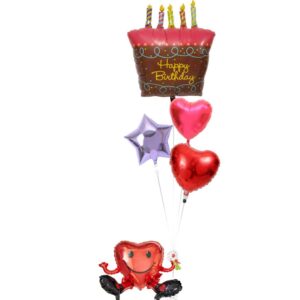 ハート君が持つキャンドル付きケーキとハート&スター【誕生日のバルーン電報】