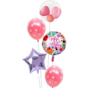 ポップなドットにピンクハート&ドットの女子バルーンな誕生日ブーケ【誕生日のバルーン電報】