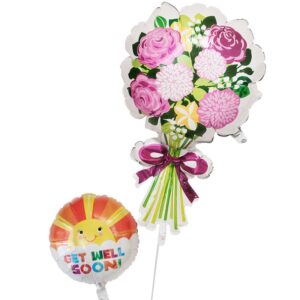 大きな花束とイエローフラワート【お見舞いのバルーン電報】