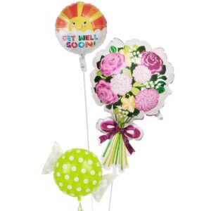 イエローフラワーと大きな花束、グリーンキャンディー【お見舞いのバルーン電報】