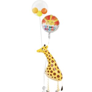 オレンジ系スマイルぷちバルーンとイエローフラワー、きりん【お見舞いのバルーン電報】