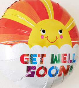 オレンジ系スマイルぷちバルーンとイエローフラワー、きりん【お見舞いのバルーン電報】