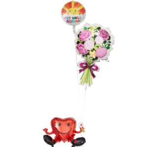 ハートくんが持つ、イエローフラワーと大きな花束【お見舞いのバルーン電報】