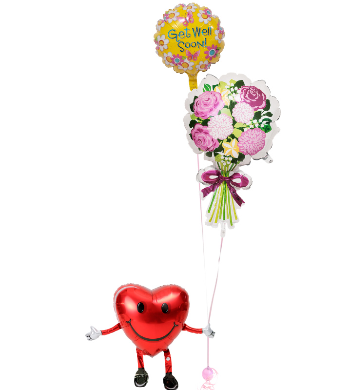 ハートくんが持つ、イエローフラワーと大きな花束【お見舞いのバルーン電報】
