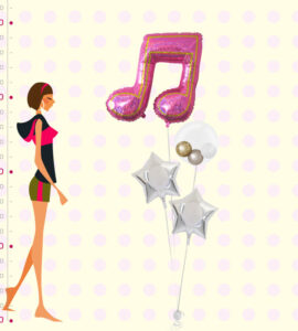 大きな音符とぷちハート＆スマイル、2連きらきらシルバーハート【ピアノやバレエの発表会のバルーン電報】