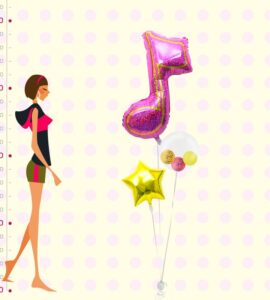 大きなピンクの8分音符とプチバルーン、ゴールドスター【ピアノやバレエの発表会のバルーン電報】