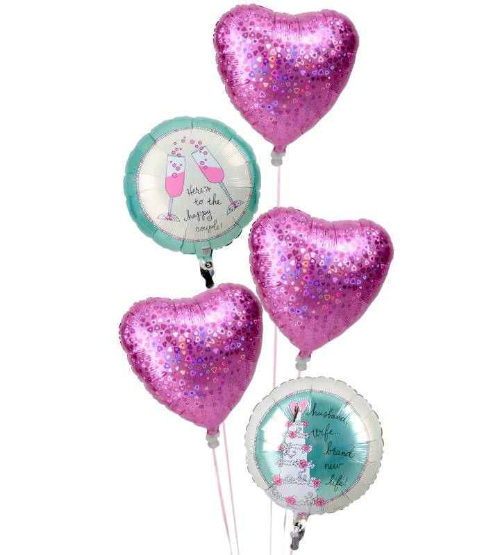 きらきらピンクハートと、シャンパン＆ケーキのウェディングの5連【結婚式のバルーン電報】