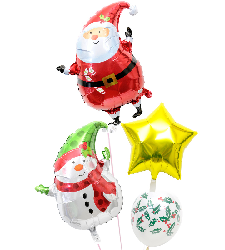 サンタクロースとゴールドスター、スノーマン、柊バルーン【クリスマスのバルーン電報】