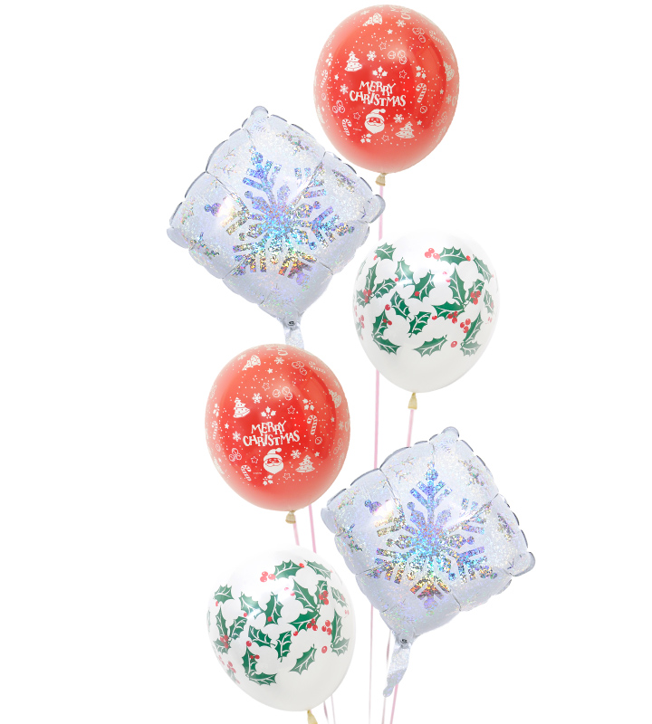 雪の結晶と柊バルーン、レッドクリスマスの6連バルーン【クリスマスのバルーン電報】